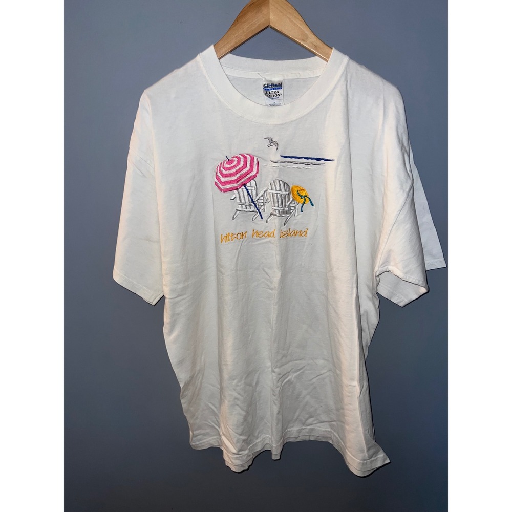 Vintage Gildan Hilton Head Island Embroidered Beach T-Shirt White XL Souvenir